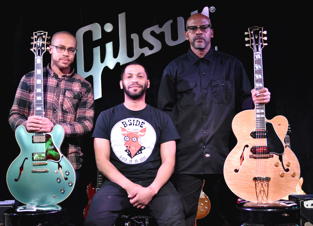 L-R: Charlie Berry III and Jahi Eskridge (Chuck Berry’s grandsons) and Charles Berry Jr. (Chuck Berry’s son) holding the new Gibson Chuck Berry 1955 ES-350T (far right), Gibson ES 355 (far left) is also pictured. Credit: Chris M. Junior Photography.