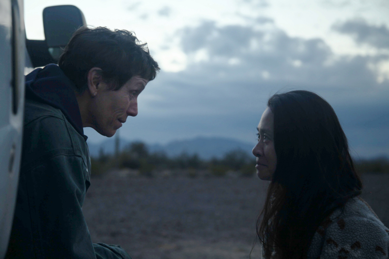 Frances McDormand and Chloé Zhao on the set of “Nomadland”