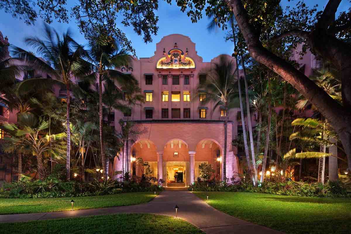 Royal Hawaiian Hotel entrance at night