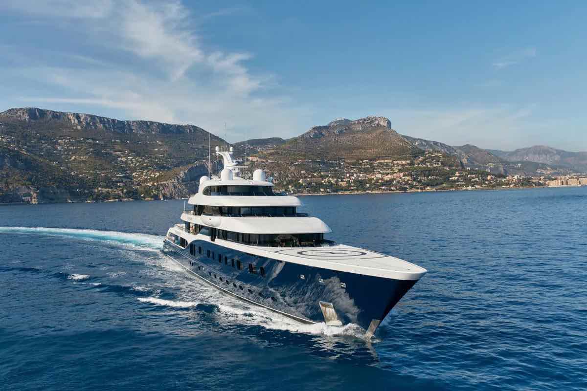 Bernard Arnault's luxury yacht Symphony moored in the gulf of St Tropez,  Southern France, August 2, 2017. She is a 101 meter luxury yacht, built as  Project 808 at the Royal Van