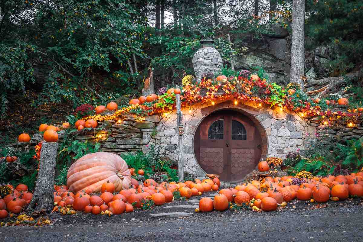 The Hobbit House restaurant, adorned with bright-orange flawless pumpkins. 