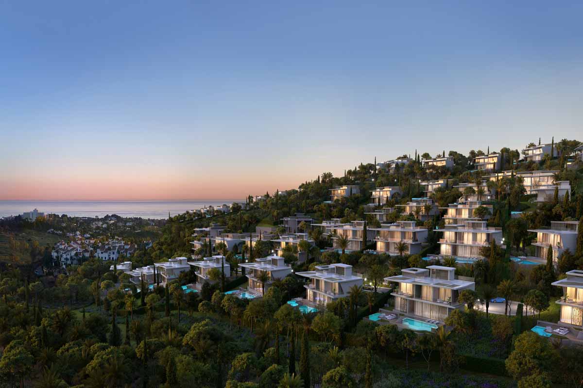 Sunset overlooking dozens of Automobili Lamborghini residences, each white with their own pool. 