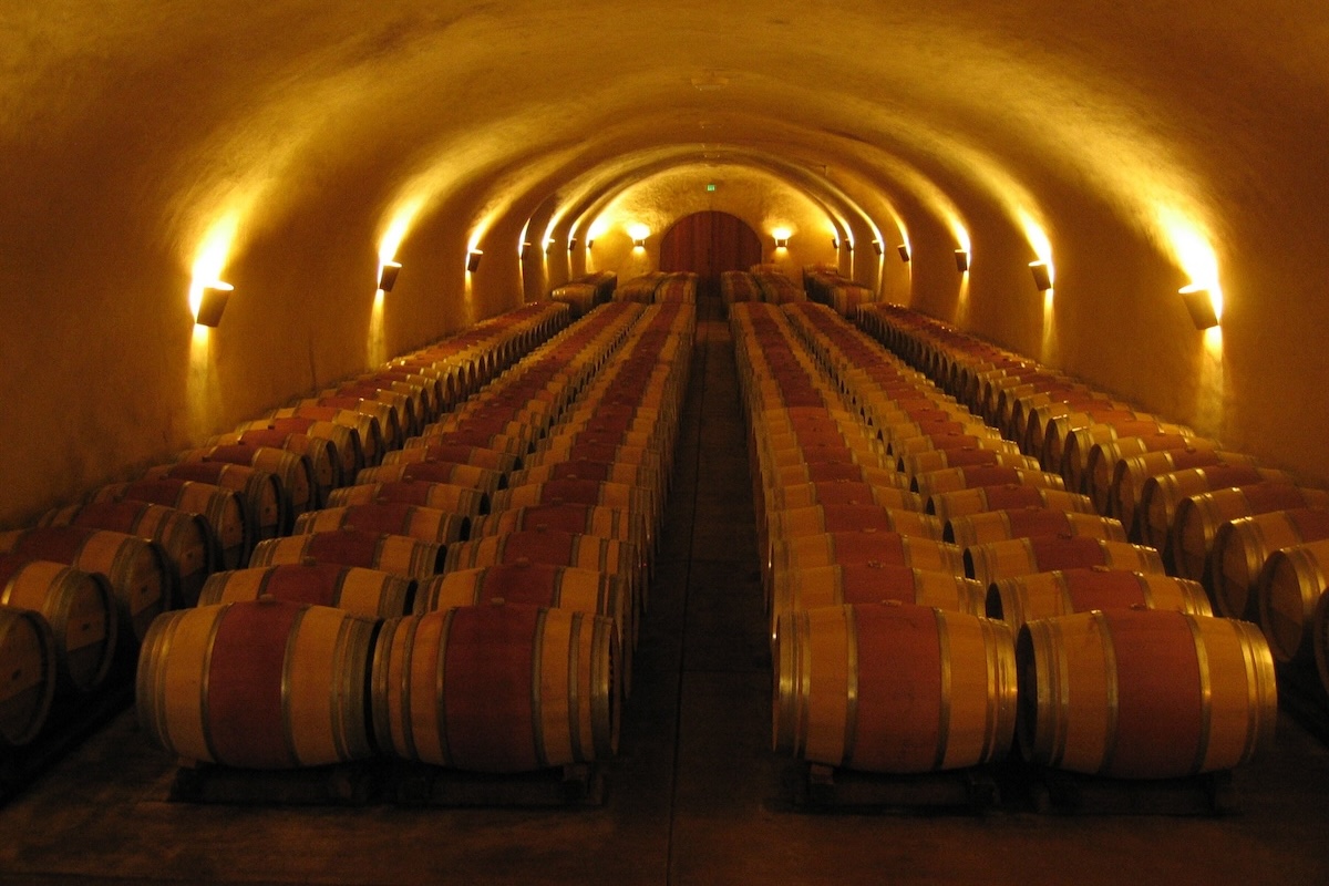 Wine Cellar full wall-to-wall of 1979 Spring Mountain Vineyard Estate Cabernet Sauvignon barrels 