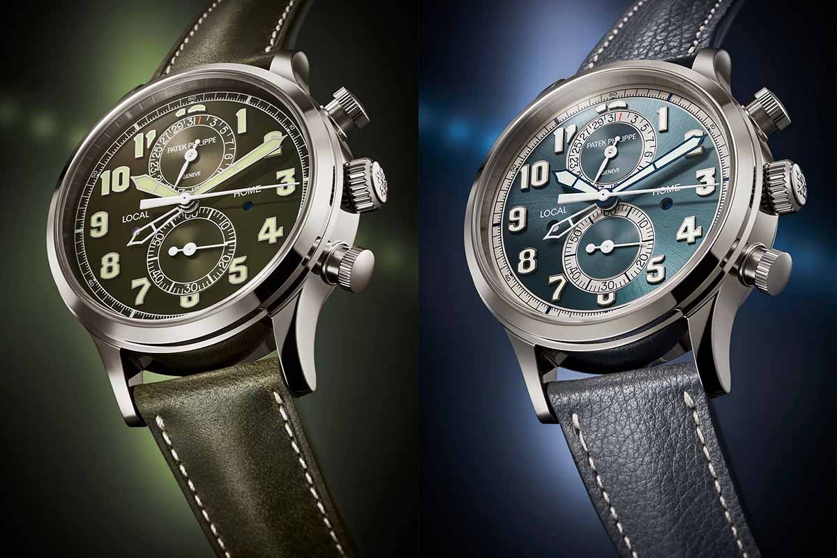 Two Patek Philippe's Calatrava Pilot Travel timepieces, one green and one blue. 